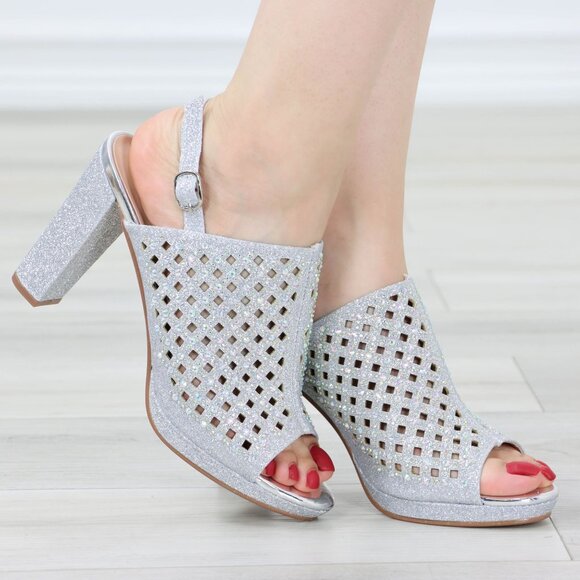 Sparkly Rhinestone Glitter Silver Platform High Heels Open Toe Party Shoes - Picture 8 of 14